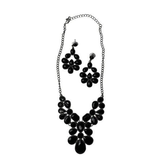 Black Statement Necklace and Earring Set Silver Tone Bold Teardrop Faceted Bold - Picture 2 of 13